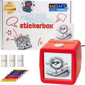 Stickerbox | AI-Powered Voice Activated Mini Sticker Printer for Kids — Mess-Free Thermal Sticker Maker - Includes 3 Paper Rolls (~ 200 stickers), 8 Colored Pencils & Power Adapter - Portable Creative Activity Gift for Kids Ages 5+