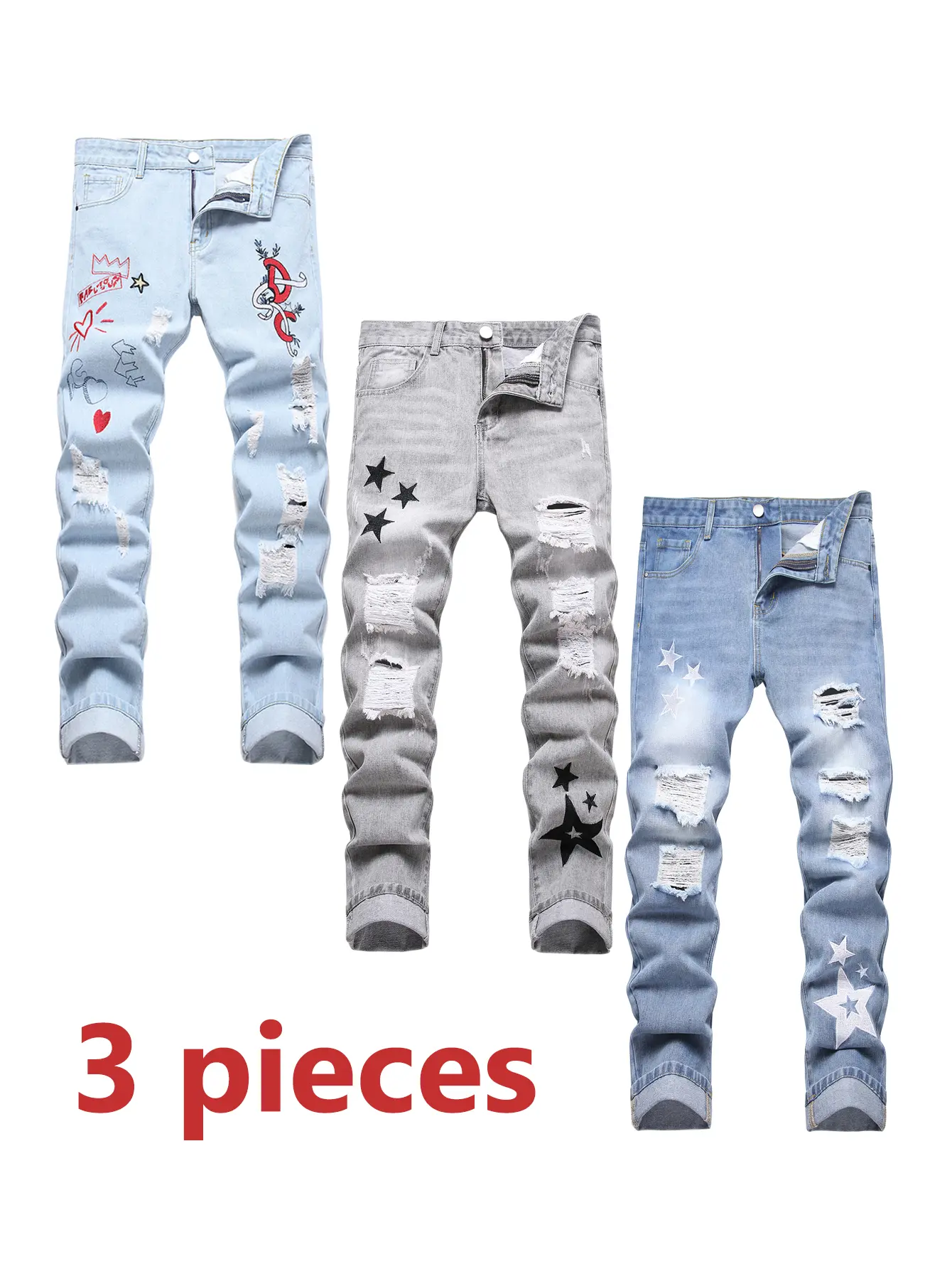 Men's Streetwear Jeans 3-Piece Set, Straight Leg Denim with Star Pattern and Embroidery, Casual Menswear Fashion Apparel, Pants, Jeans Distressed, Ankle Length, Embellished Men's Jeans