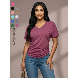 VVZ 2026 Spring Summer Women’s Short Sleeve V Neck Dolman Top Side Shirring Loose Fit Casual Shirt