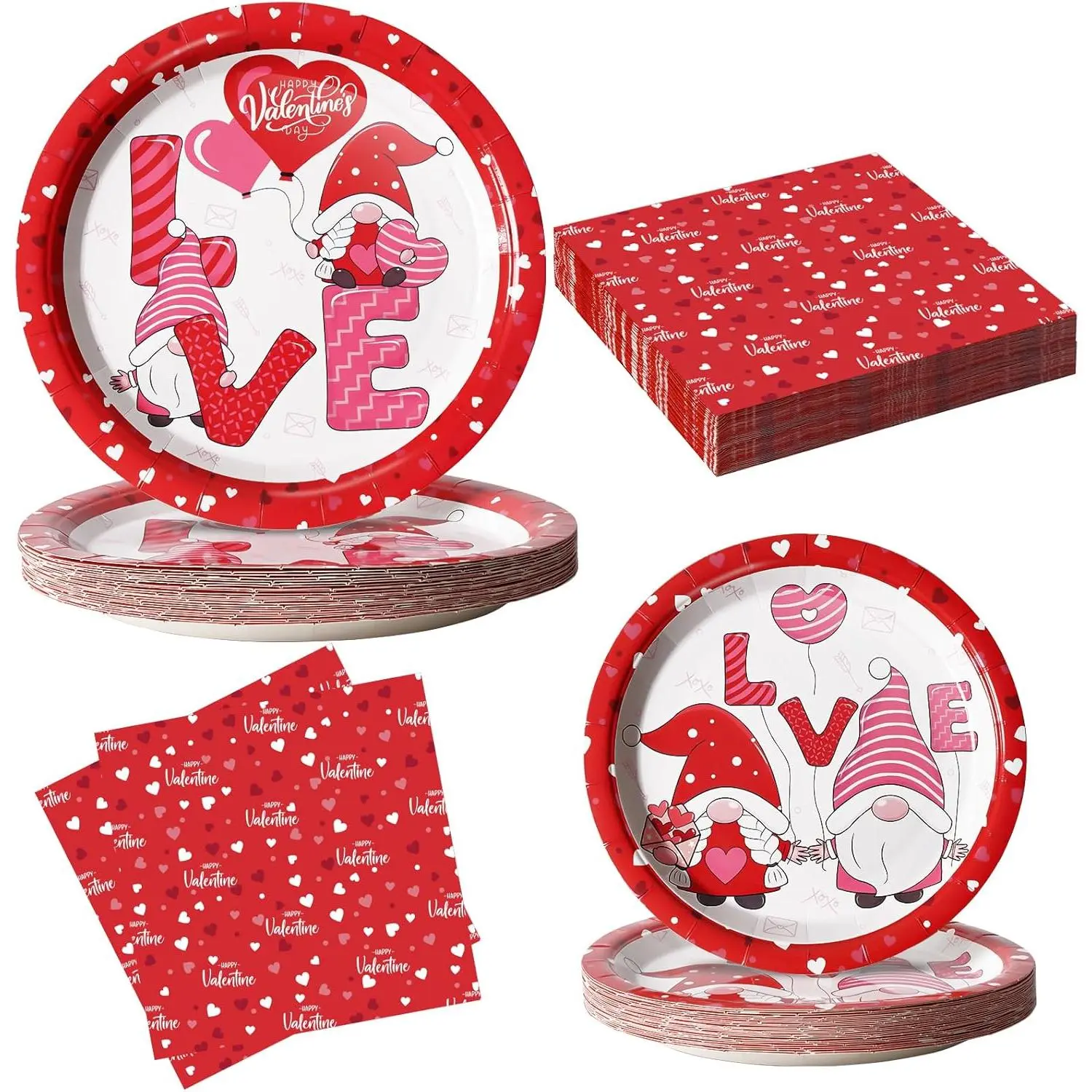 Valentine's Day Plates and Napkins, Disposable Party Supplies for Valentine's Day Party Decorations, Gnomes Printing Paper Plates Serve 24 Guests