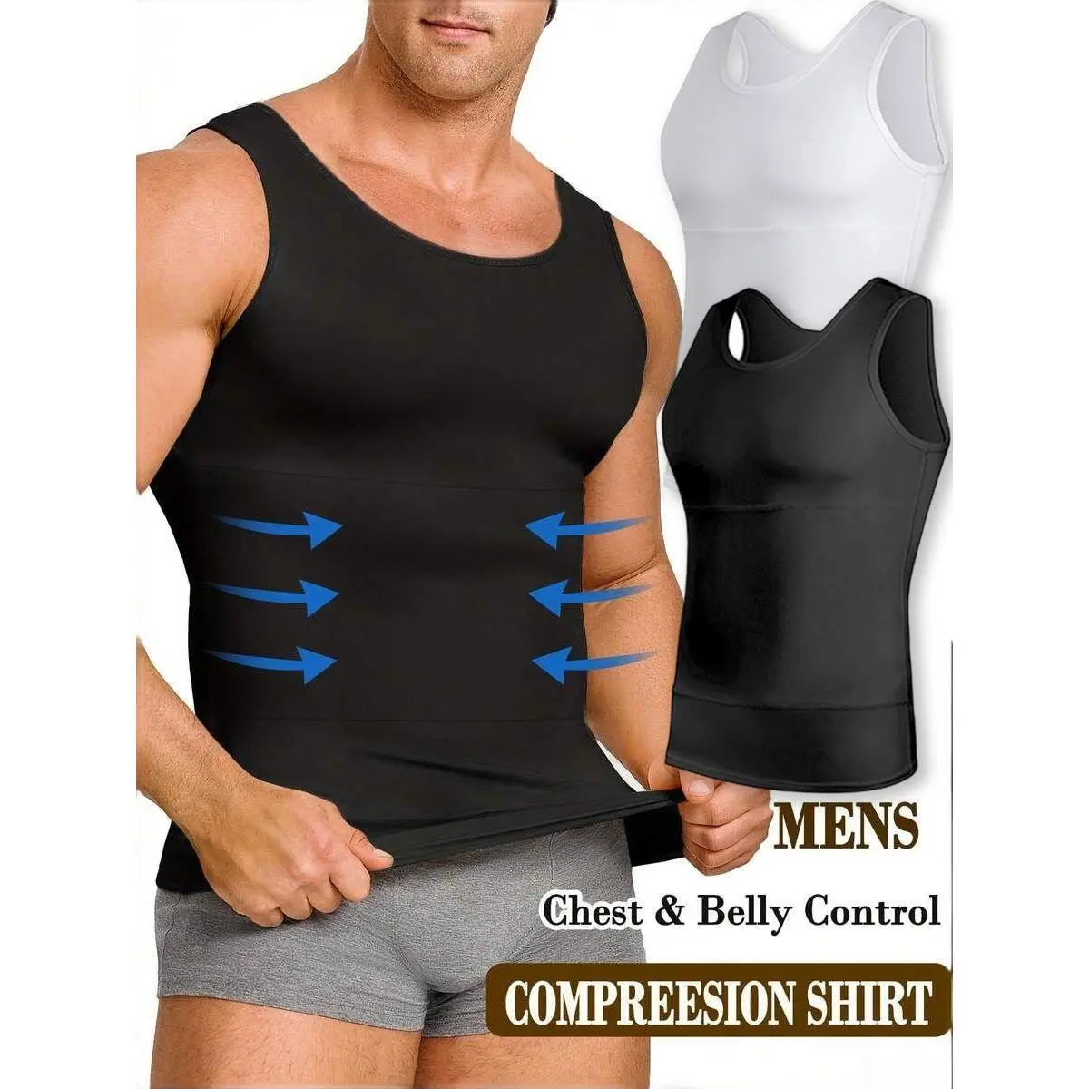 Men's Double Layer Compression Tank Top for Tummy Control, Seamless Silky Nylon Body Shaper Vest for Gynecomastia, Menswear, Soft, Male, Breathable Fabric