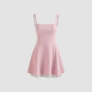 Women's Solid Square Neck Bowknot Zipper Mini Cider Dress, Size 0-10