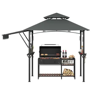 8x5 ft Grill Gazebo BBQ Grill Canopy with Extra Awning, Double Tiered Roof, 2 Side Shelves, 10 Hooks & LED Lights, Heavy Duty Steel Frame for Outdoor, Lawn, Backyard, Deck, Burgundy