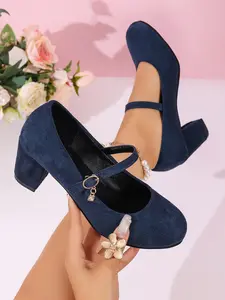 Black Suede Mary Jane Pumps Coquette Chunky Block Heel Vintage Elegant Shoes with Charm
