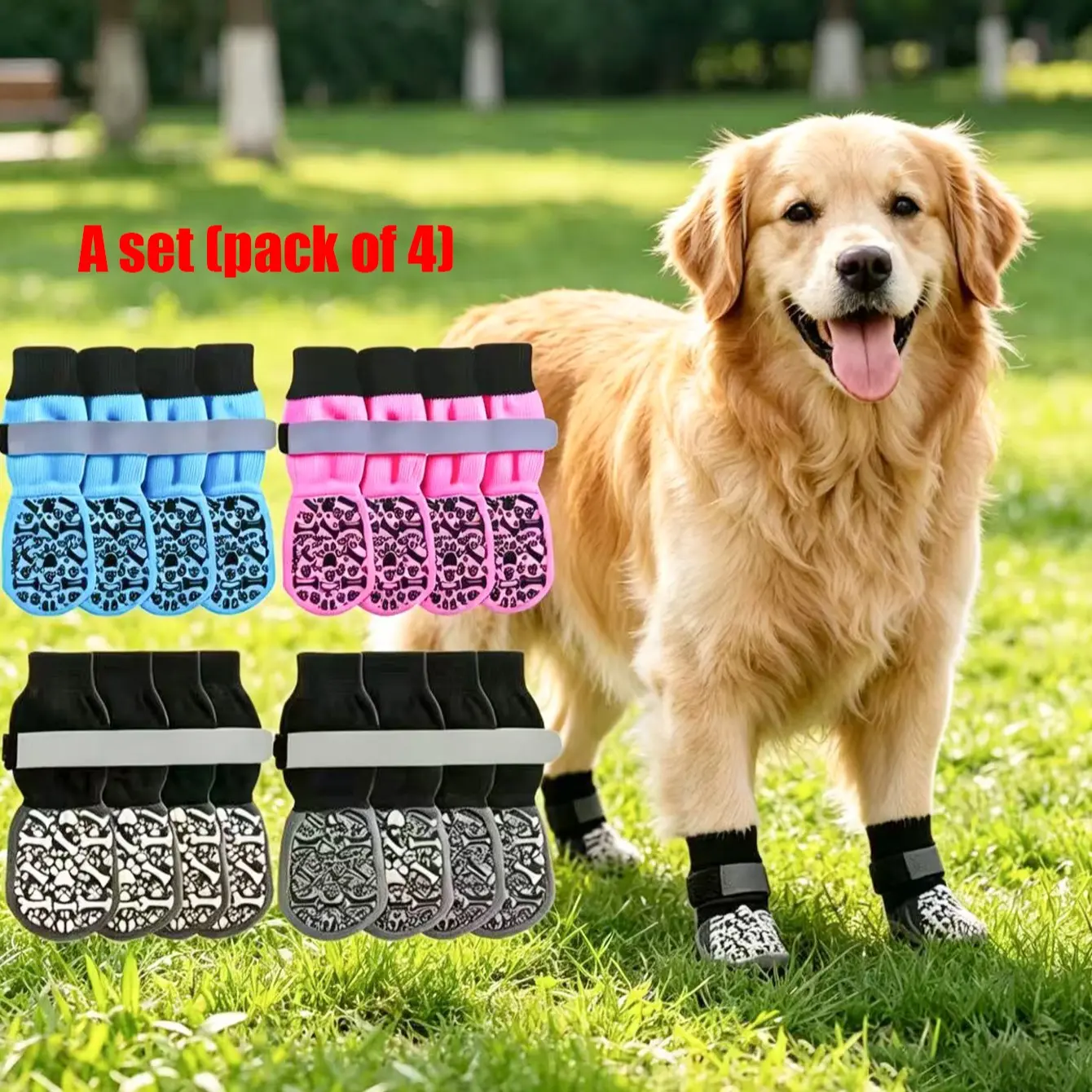 4 Pairs Pet Socks, Non-Slip Durable Breathable Dog Socks, Adjustable Reflective Paw Protectors, Anti-Dirty Shoe Covers for Dogs and Cats Supplies