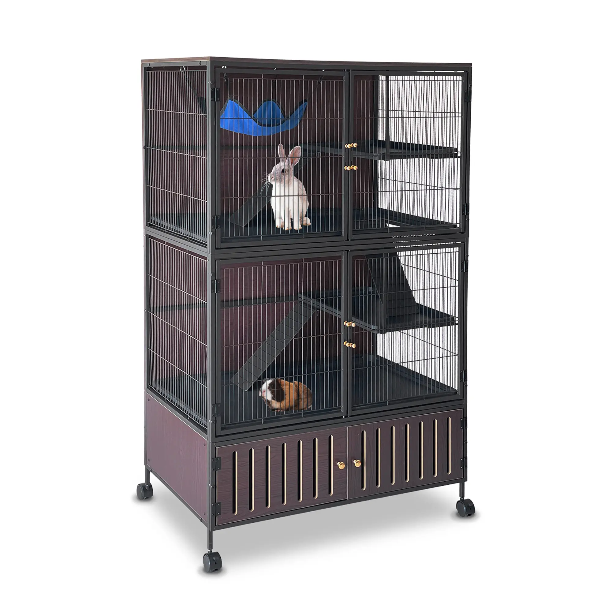 60" Large Ferret Cage, Multi-Level Small Animal Habitat with 4 Rolling Wheels, Multi-Level Habitat, Lockable Doors, Sturdy Ramps, Hammock, Storage Cabinet, Ideal for Ferret, Chinchilla, Guinea Pig, Rat