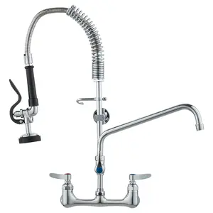 VEVOR Wall-Mounted Kitchen Faucet, 25" Tall, 8" Center Distance, 12" Rotatable Spout, Includes Pre-Rinse Spray, Brass Construction, Pull-Down Feature, Suitable for Multi-Compartment Sinks