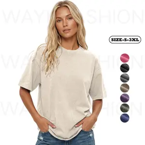 Wayii Fashion Unisex Oversized 100% Cotton Acid Wash Vintage T-shirt Chew Neck Short Sleeves Summer Top Casual Loose FIt Solid Streetwear Tees Basic Womenswear Women's shirts Good Vibes