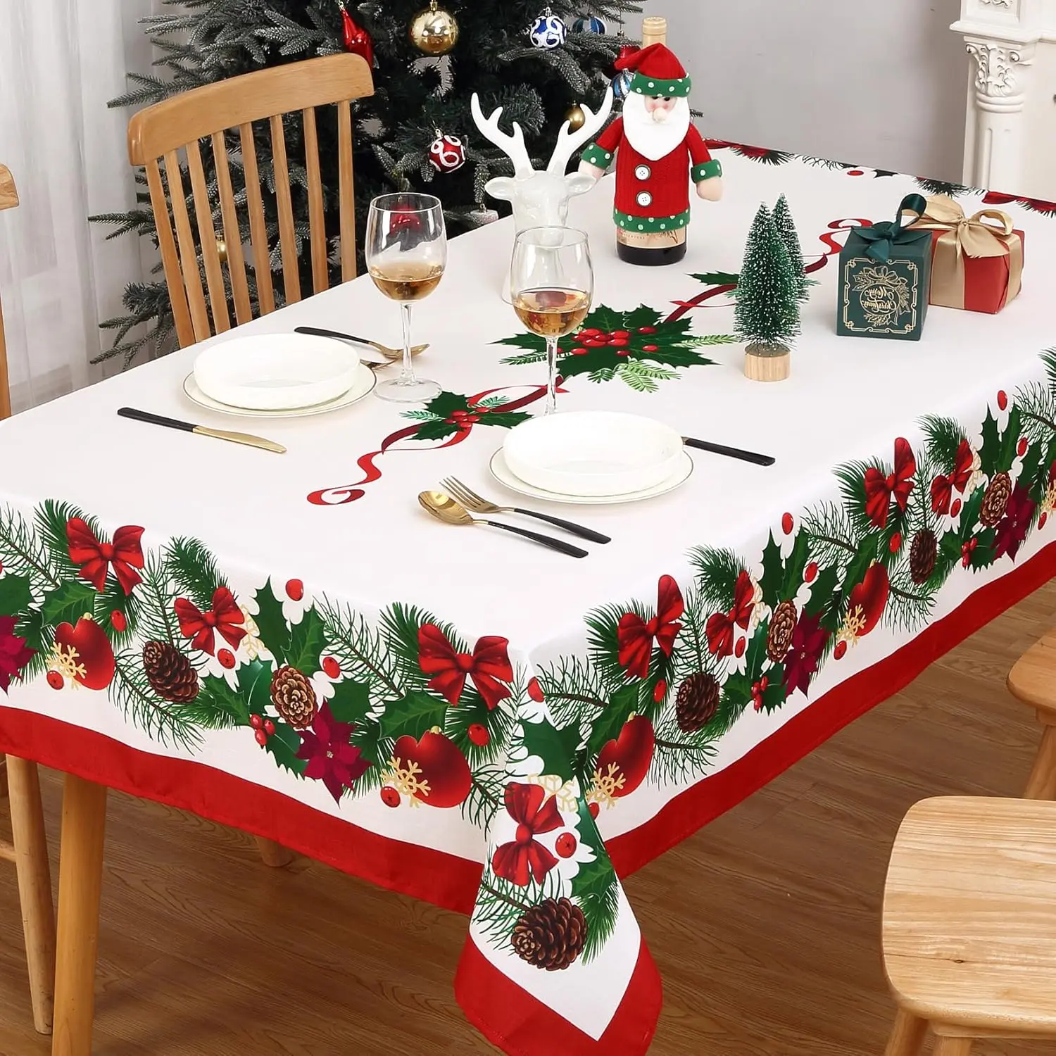 Christmas Rectangular Tablecloth, Poinsettia Flower Table Decor, New Year Party and Banquet Decoration, Best Christmas Gift