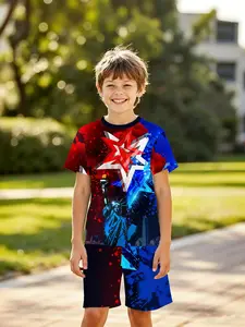 High AURAAA! This Sigma 3D set is a total visual bomb. Boys' Blue Gradient Liberty Statue 3D Printed Short Sleeve Shorts Set, Casual Outdoor Sports, Birthday Gift, Holiday Present