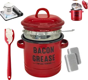 46oz Bacon Grease Container with Strainer,Enamel Ceramic Bacon Fat Can for Grease Drippings and Storage Grease Saver Keeper for Reuse & Disposal (Red)