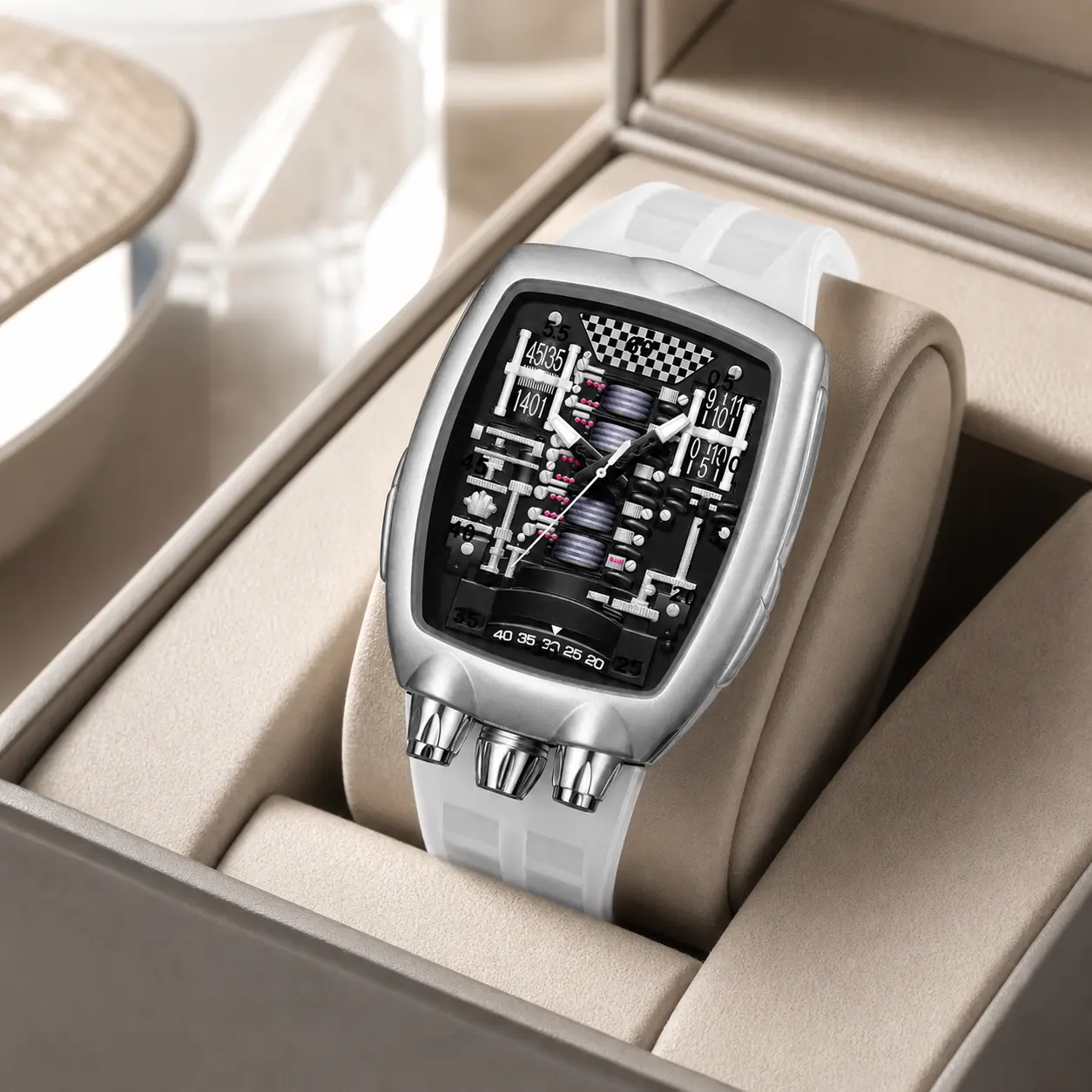 Luxury Tonneau Engine-Style Quartz Watch with Silicone Band and Water Resistant Function for Sophisticated Men and Trendsetters