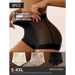 QUASTI 3 Pack High Waist Tummy Control Boyshorts for Women, Mesh Butt Lifting Shaping Underwear, Breathable Shaper Briefs, Exquisite & Elegant Floral Details, S-XXL