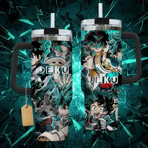 My Hero Academia Deku 40oz Tumbler with Handle | Izuku Midoriya Anime Collage Travel Mug with Straw | Premium Insulated Fan Gift Idea