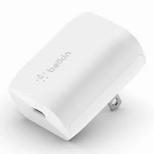 Belkin BoostCharge USB-C Wall Charger with USB-C Cable w/ Lightning, Small GaN Charger, Folding Prongs & Flat to Wall Design, Travel, PPS Power, 20W Fast Charging for iPhone, iPad, AirPods, Google, Galaxy & most USB-C PD-devices, Surge Protection.