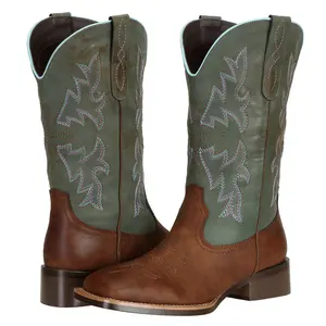 J's.o.l.e Women's Square-Toe Denim Boots Mid-Calf Western Cowboy Boots for With embroidery, hand-embroidered & Comfortable Wide Toe Design Dual Color Turquoise Shaft Distressed Design - Footwear