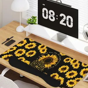 4 - in - 1 Sunflower & Inspirational Text Elements Large Gaming Mouse Pad + Keyboard Wrist Rest + Mouse Pad with Wrist Support + Coaster Set with Ergonomic Design for Home Office Table Computer, Rubber Base Mousepad with Stitched Edges, Easy Typing Pain R