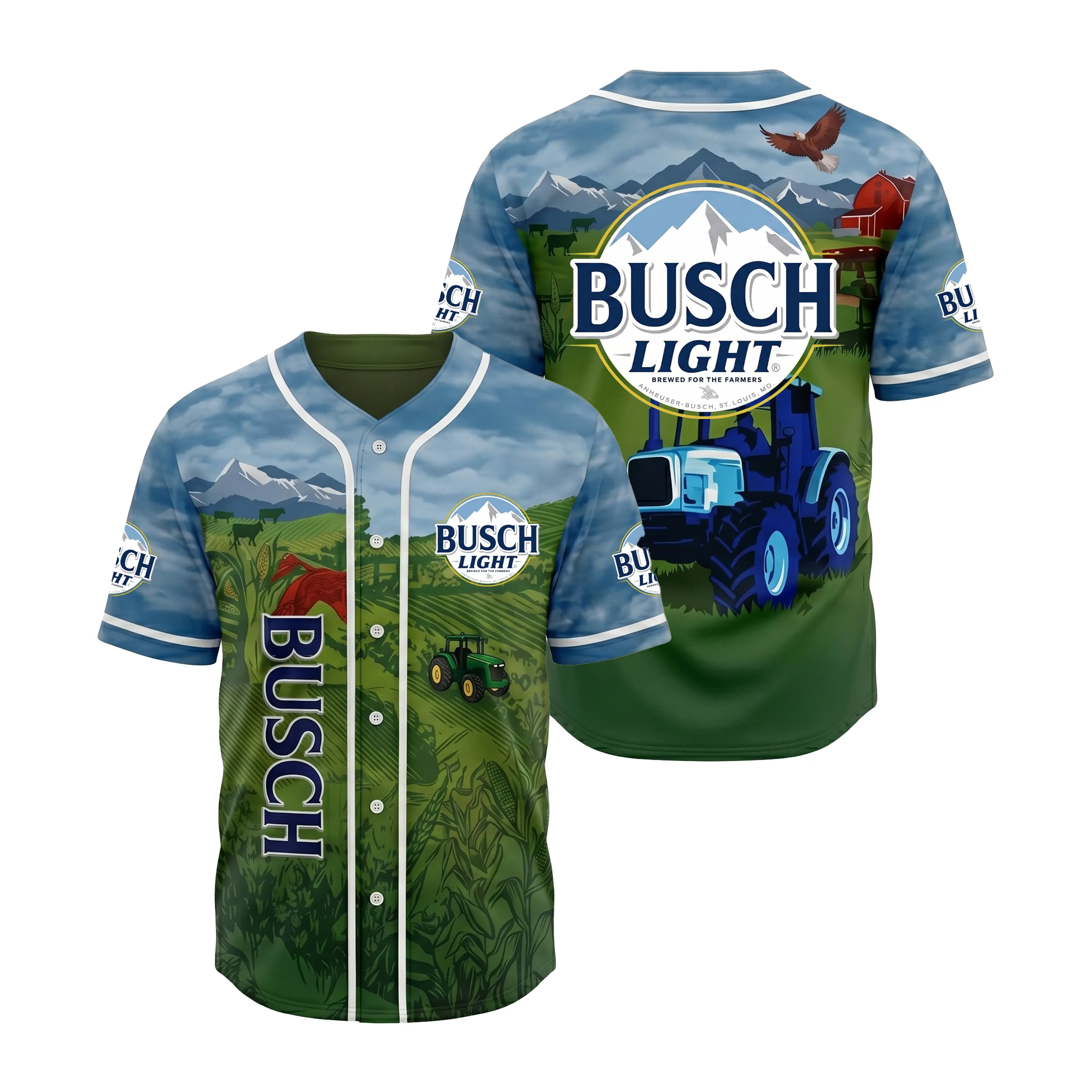 The Ultimate Country Farmer Busch Light Jersey - Tractor Graphic Beer Button Up - Men's US 250th Anniversary Summer Festival Outfit