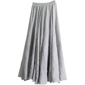 Women Bohemian Cotton Linen Double Layer Elastic Waist Long Maxi Skirt