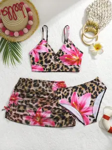 SOLARA Tween Girl Floral & Leopard Print Spaghetti Strap Tankini 3 Pieces Set With Sarong Skirt,Brown Polka Dot,Summer,Boho,Beach,Vacation,Holiday Swimwear