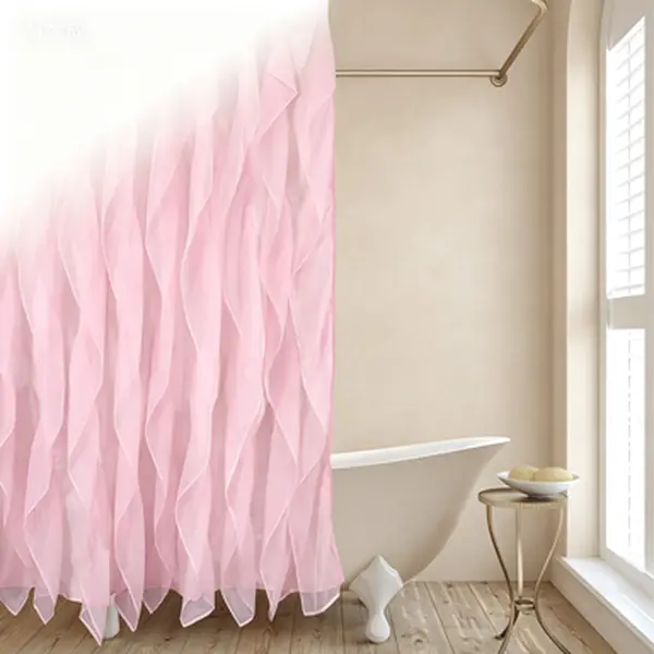 Decorative Shower Curtain 72x72 Inches, Pink Ruffle Sheer Curtain for Bathroom Farmhouse Decor, Lightweight Fabric Shower Curtain with Ruffle Trim, Washable and Wrinkle Resistant Curtain, Elegant Textured Bathroom Accessory