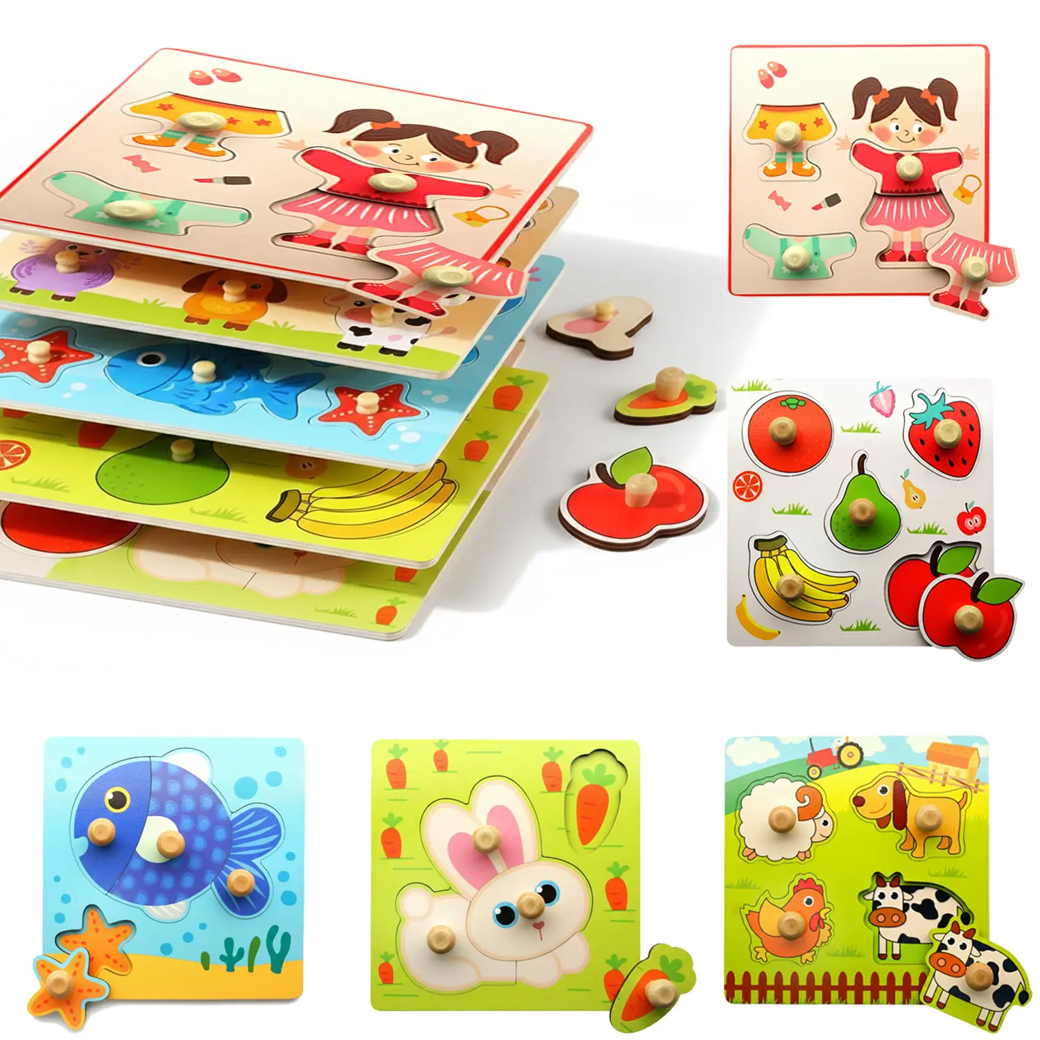 Handmade Wooden Peg Puzzles - 5-Set 20pcs Creative Puzzle with Square, Alphabet, Number, Shape, Animal, Dinosaur, Vehicle Themes, Preschool Educational Learning Toys for 3+ Year-Olds