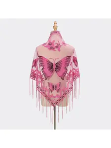 2025 New Fringe Shawl, Boho Style Scarf, Solid Color Lace Embroidered Butterfly Triangular Scarf for Women