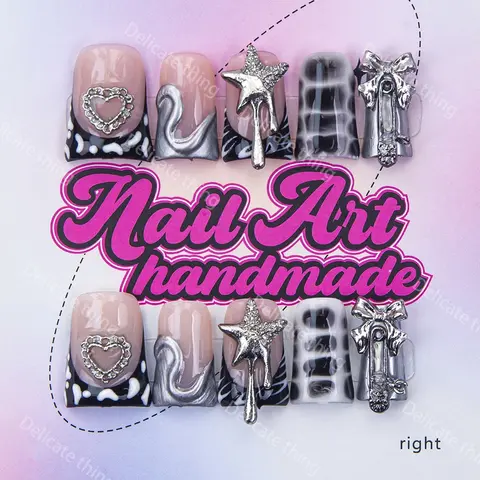 Delicatething Y2K Style Duckbill Nails, Handmade Press On Wearable Nail Set, 4 Sizes XS S M L, Heart Drip French Design, Perfect Gift for Girls, Press On Sets