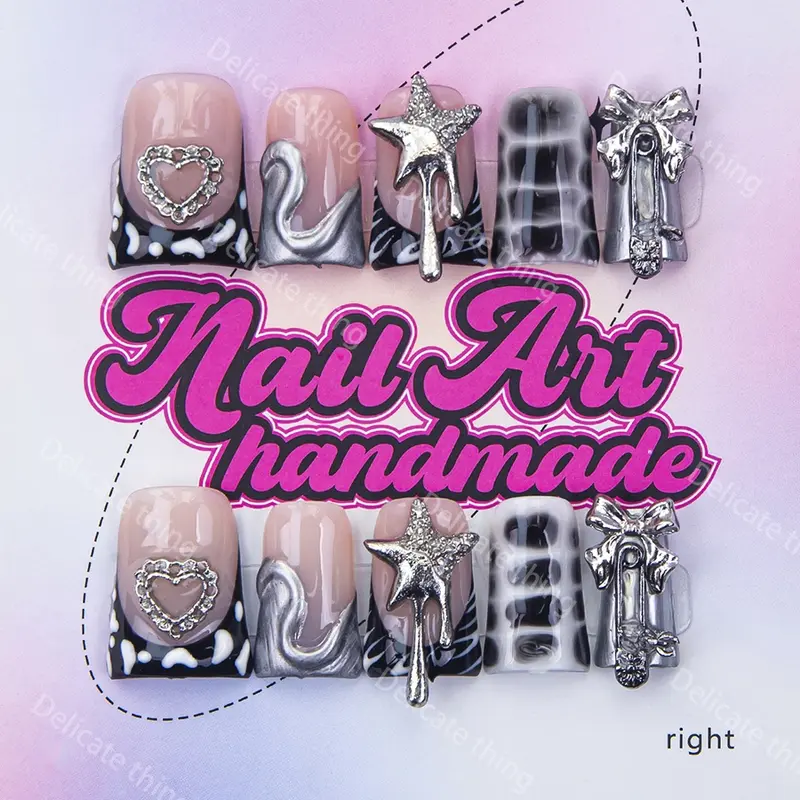 Delicatething Y2K Style Duckbill Nails, Handmade Press On Wearable Nail Set, 4 Sizes XS S M L, Heart Drip French Design, Perfect Gift for Girls, Press On Sets