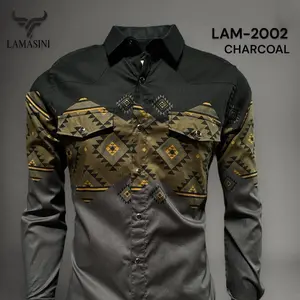 LAMASINI Men's Shirt with Geometric Pattern Long Sleeve Button-Up Design