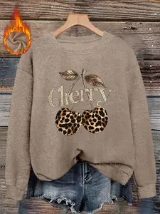 [Autumn and Winter] Women's casual and fashionable Loose round neck faux sweater top, leopard cherry print comfortable round neck faux sweater top, suitable for autumn and winter season