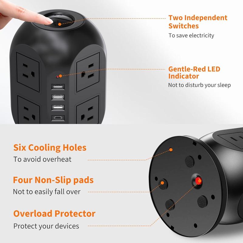 Surge Protector Power Strip Tower with 8 AC Outlets 4 USB Ports (1 USB C), 10 Ft Flat Extension Cord with Multiple Outlets Charging Station for Dorm Home Office Essentials, Black BESFAN