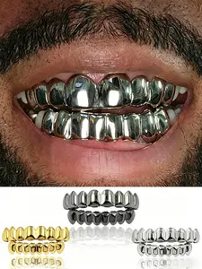 2pcs Full Mouth Mirror Finish Rose Black Silver Golden 8 Teeth Grillz – 18K Golden Plated Copper, High Shine Hip-Hop Teeth Jewelry for Black Women, Girls & Men. Perfect for Parties, Music Festivals, Couple Gifts & K-Pop Style