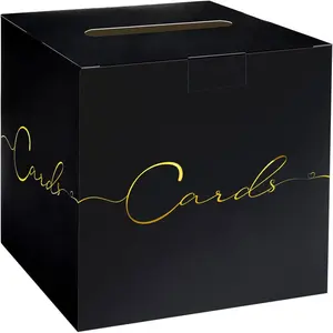 Large Card Box for Party 9.8" x 9.8" Black Gift Card Box Holder with Gold Foil Design for Wedding Birthday Baby Shower Retirement Graduation Party Raffle Box