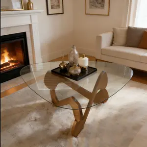 Table Basse en Verre et Bois Triangle Salon Moderne Transparente Vintage Table en Verre Trempé