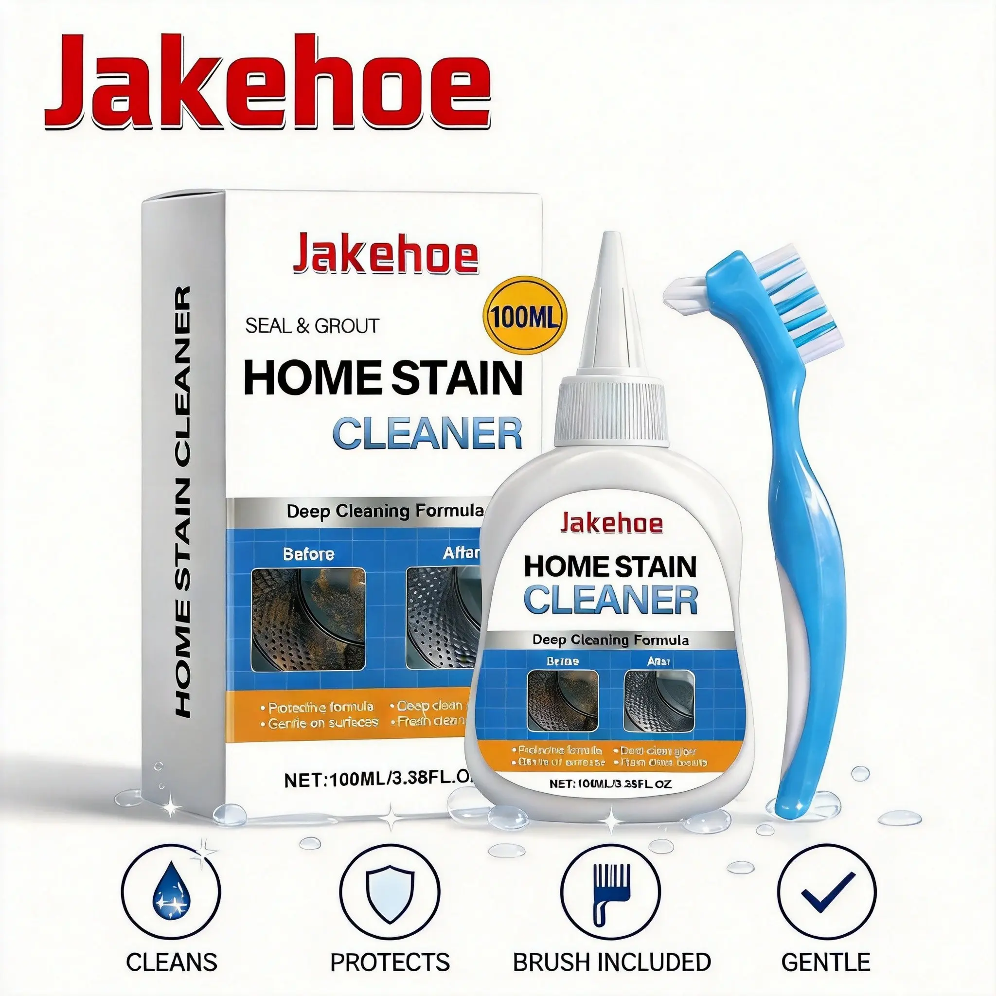 Jakehoe Mold Remover Gel with Brush, Grout Cleaner for Washing Machine Seal Bathroom Tile Sink Toilet, Deep Cleaning Dirt Stains Mildew Remover, No-Scrub Formula Kit, 3.38oz