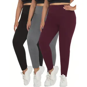 3-Pack Plus Size Women's High-Waisted Leggings, 92% Polyester 8% Spandex, Solid Color, Tummy Control, Non-See-Through, Stretch Knit Fabric, 190g/m², All-Season Sports Yoga Running Pants