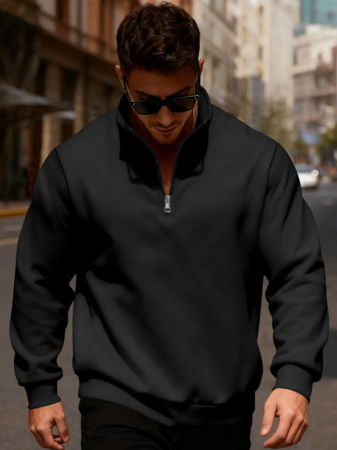 Men's Casual Stand Collar Half-Zip Pullover Sweatshirt Top, Fleece Lined Warm Quarter Zip Design, Long Sleeve Loose Fit for Spring Summer, Menswear, Garment