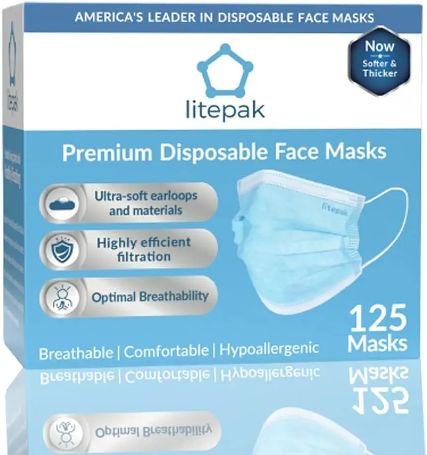 Disposable 3-Ply Medical Non-Woven Face Masks - 125-Pack with Dispenser Box, Adjustable Soft Breathable Comfort Earloops, Comfortable