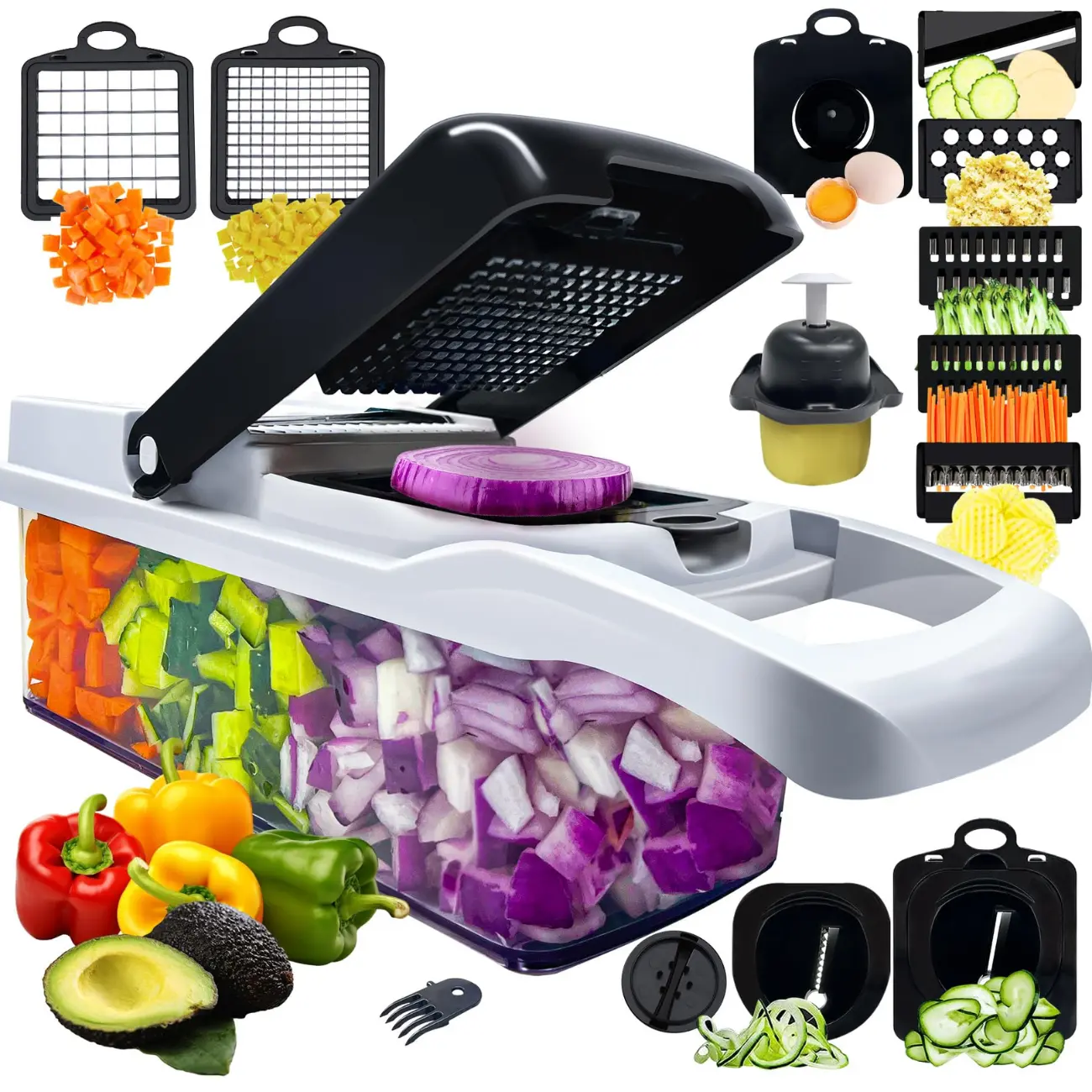 Vegetable Chopper & Mandoline Slicer – Food Chopper with Container & Veggie Spiralizer – Vegetable Cutter, Dicer, and Slicer for Salad, Onion, Potato, and Tomato – Kitchen Gadget – 10 Blades Utensils