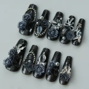 NAIL NOVA Graphite Glow HANDMADE 10 PCS Press-on Nails with real RHINESTONE Long-lasting Reusable TOOL KIT INCLUDED salon-quality gel