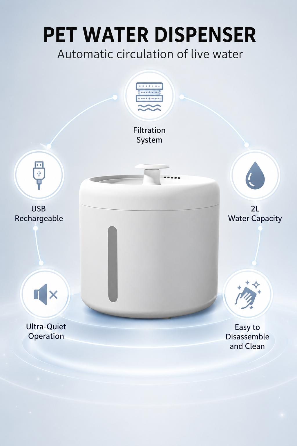 Smart Pet Water Fountain, 2L Circulating Flowing Water Dispenser with 4-Stage RAM Filtration, Silent Pump, Stainless Steel Tray, Spill-Proof Bowl, Hydration Boost Pet Feeding Accessory for Cats & Dogs