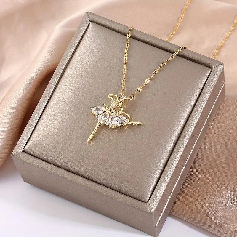 Gold Ballerina Charm Pendant Necklace for Women, Elegant Titanium Steel Jewelry for Daily Wear, Gift for Dancers, Female