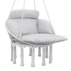 Outsunny Hammock Swing Chair, Outdoor Hanging Chair with Large Cushion, Cotton Rope Weaving Macrame Swing with Chain, 265 LBS Capacity for Indoor, Outdoor, Bedroom, Patio, Balcony, Gray