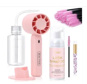 EMEDA Lash Shampoo Kit 2.02 fl oz Lash Cleaning Kit with Rechargeable Fan Dryer/Brush/Rinse Bottle, Oil-free Cleanser Wash for Extensions & Clusters & Natural Eyelashes, Cleaner for Eyelash Care