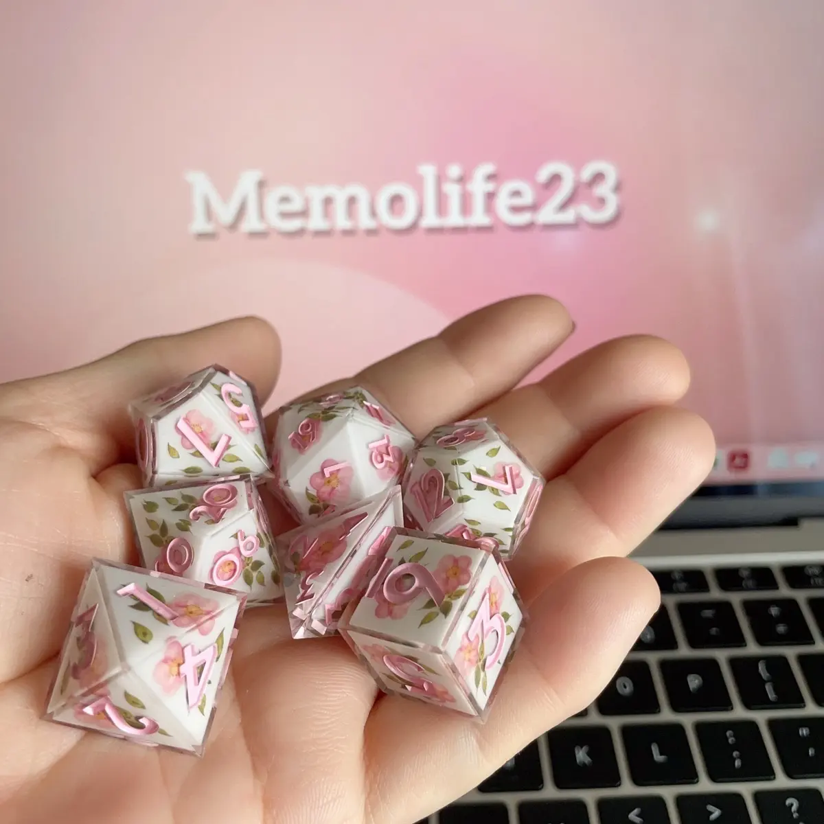 Memolife23 7-Piece Polyhedral Dice Set for DnD, RPGs & Board Games- Pink Rose with box