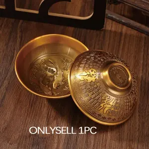 Chinese Vintage Brass Tea Bowl Ornament, Relief Yearly Abundance Wealth Bringing Home Decor Gift Craft, Traditional Artisanal Decoration