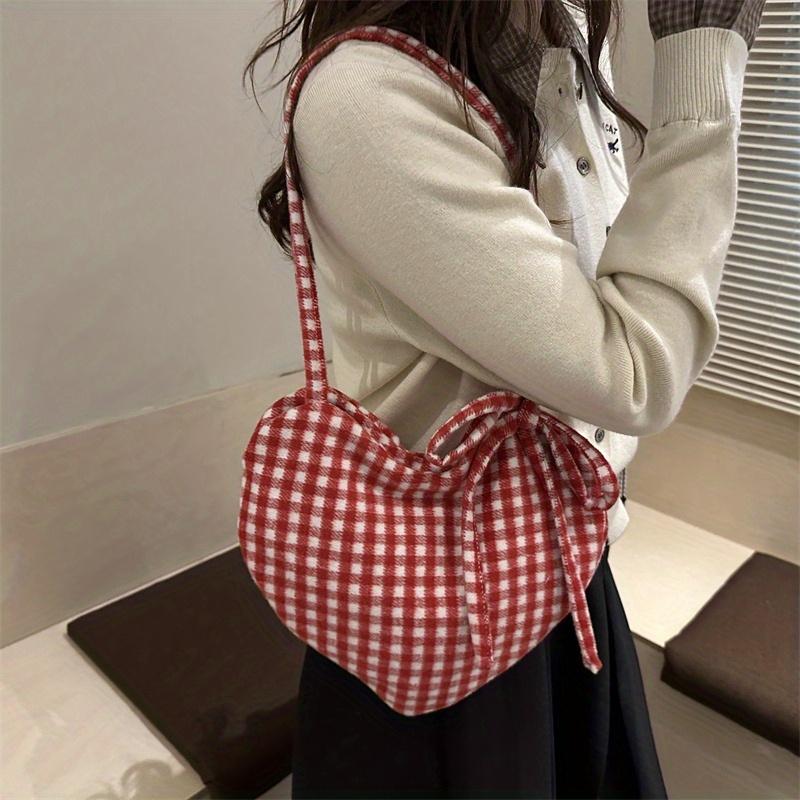 Women's Heart-Shaped Crossbody Bag with Bow and Checkered Pattern - Minimalist Handbag, Fixed Strap Magnetic Closure, Red - Elegant Daily Wallet, Bag, Versatile Fashion Accessory, Durable Fabric shoulder bags Large Soft Color Suede Kisslock Barrel