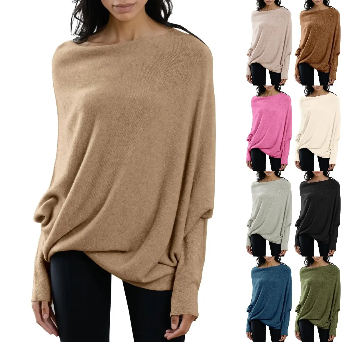 Goranbon Batwing Boat Neck Sweaters for Women Spring Long Sleeve Soft Knit Loose Baggy Pullover Jumper Top