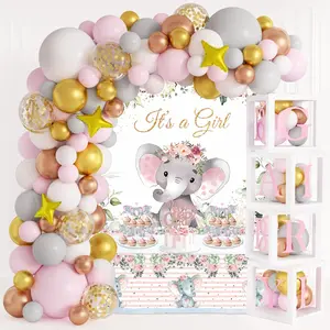 Elephant Baby Shower Decorations for Girl 234Pcs with Baby Boxes Letter Backdrop Tablecloth Cupcake Cake Topper Gold Star 4D Foil Confetti Balloons for Elephant Theme Baby Shower Birthday